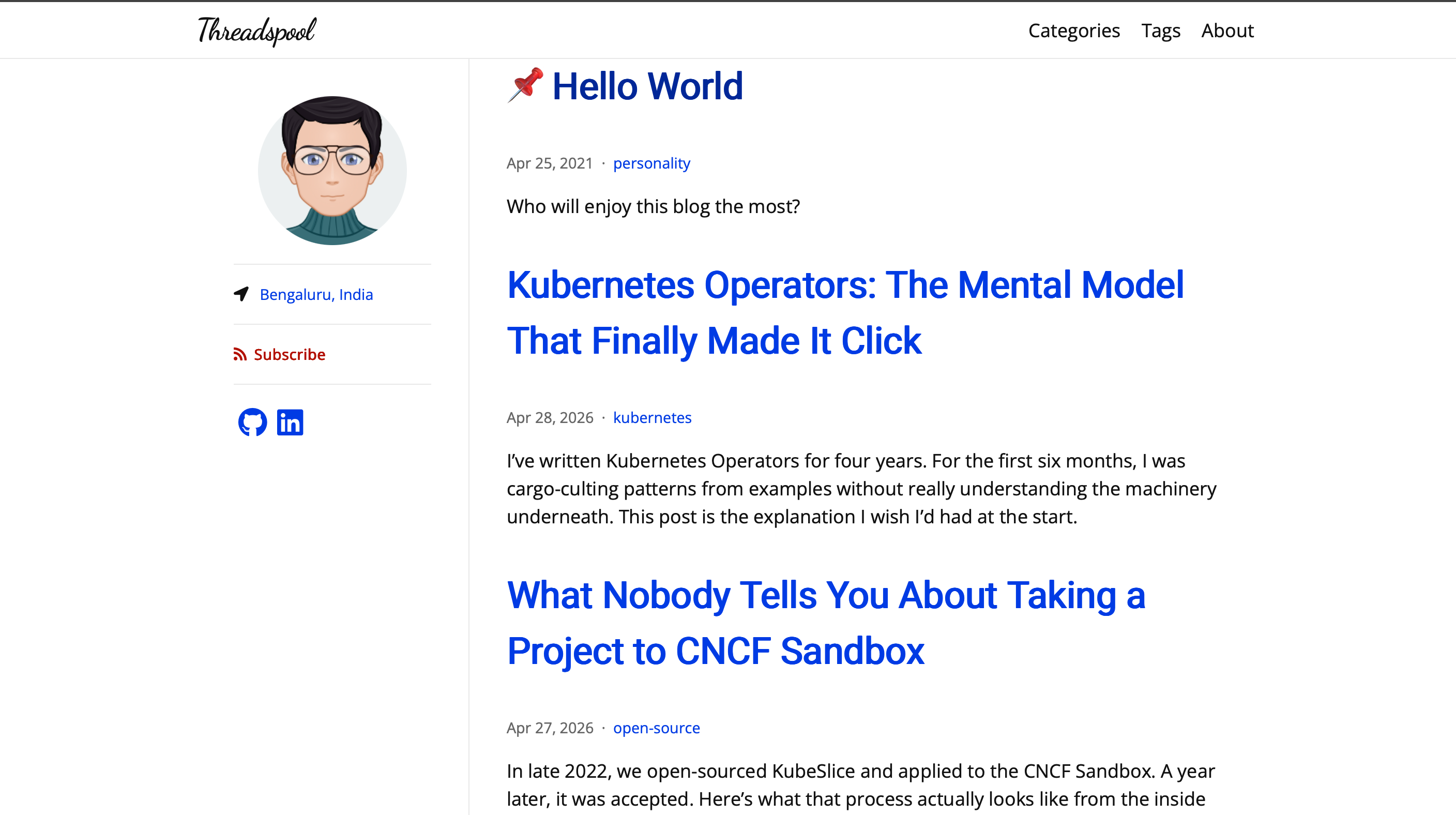 Before: Threadspool on the Hamilton Jekyll theme — sidebar layout, simple post list